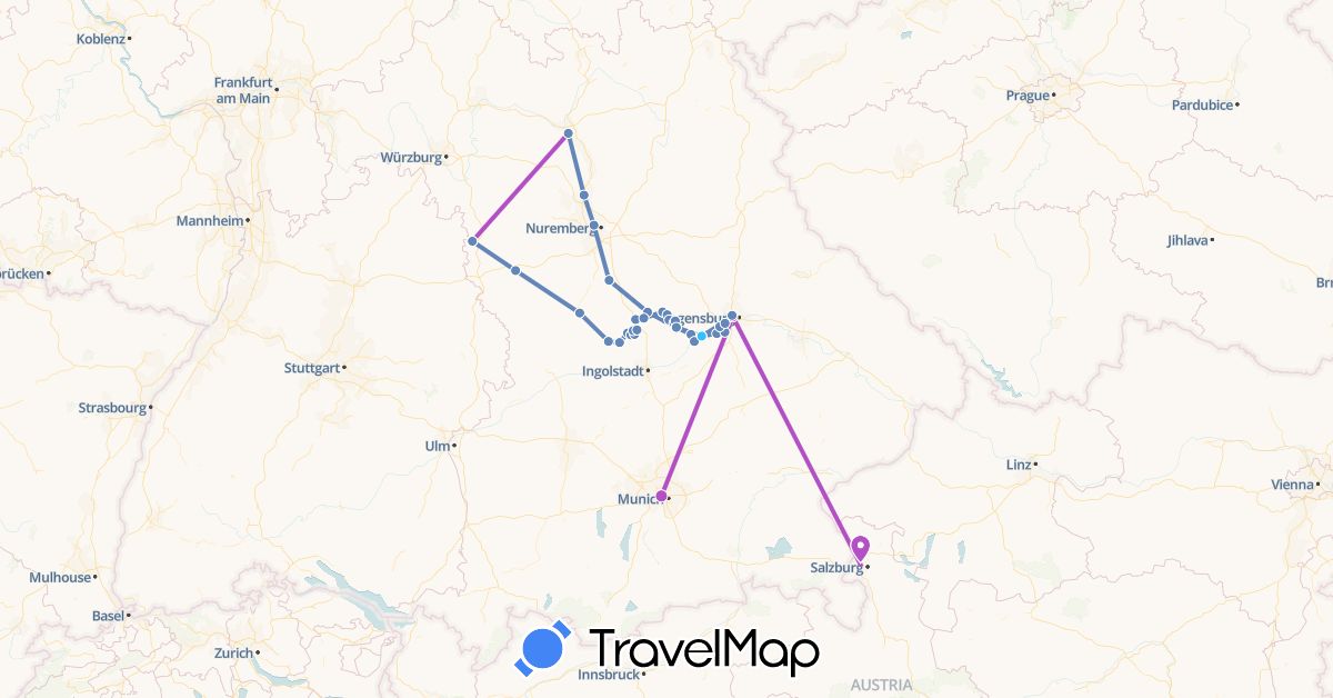 TravelMap itinerary: driving, cycling, train, boat in Austria, Germany (Europe)